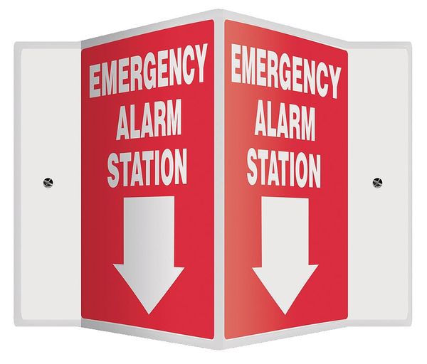Accuform Emergency Alarm Sign, 12 in Height, 14 in Width, Plastic, V-Shaped, English PSP326