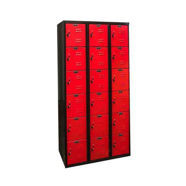 Hallowell Box Locker, 36 in W, 18 in D, 72 in H, (3) Wide, (6) Tier, Red/Black U3282-6A-MR