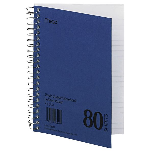 Mead 7 x 5" Single Subject Notebook, College Ruled, 80 Pg MEA06542