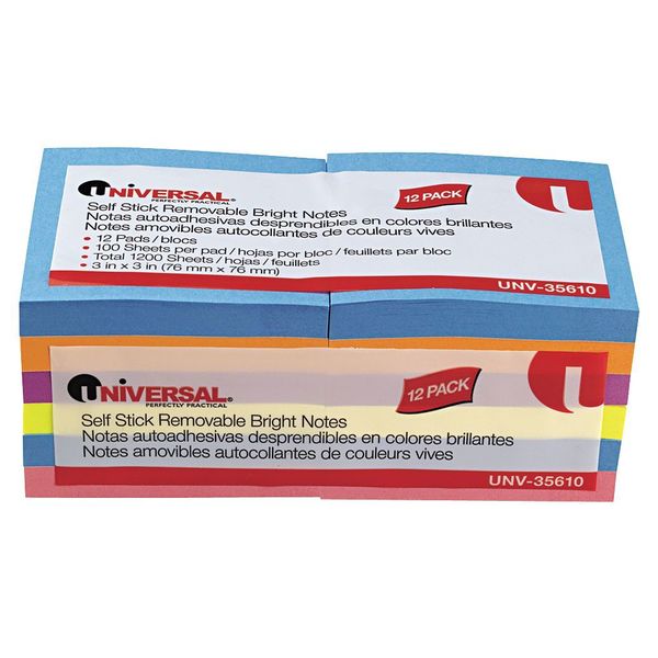 Universal One Sticky Notes, 3 x 3 In, Assorted, PK12 UNV35610