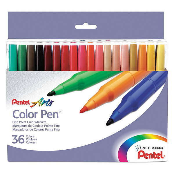 Pentel Non-Washable Color Pen Art Set, Assorted Colors, PK36 PENS36036