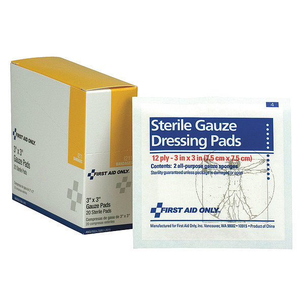 First Aid Only Gauze Pad, Sterile, 3 in. L x 3 in. W, PK20 I211