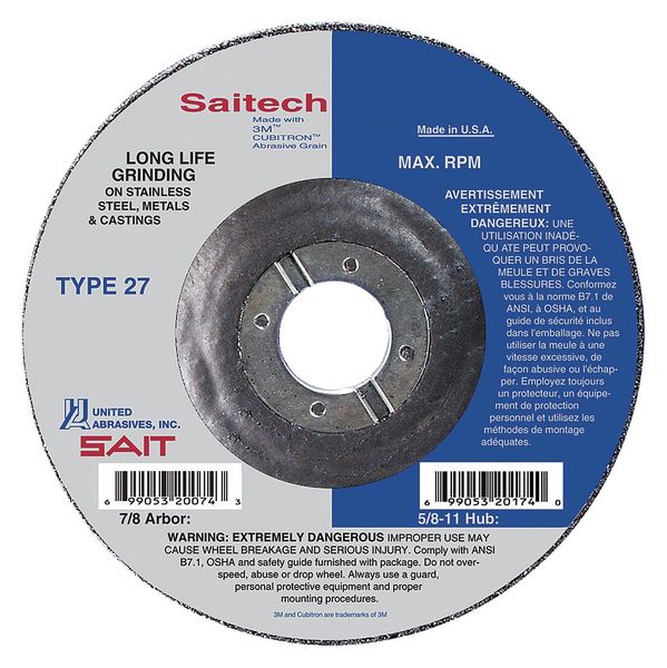 United Abrasives/Sait Cut-Off & Grinding Wheel, 27, 4-1/2" Dia, 1/8" Thick, 7/8" Arbor Hole Size, Ceramic 22264