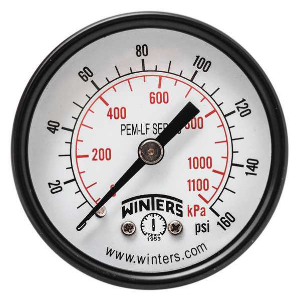 Winters Pressure Gauge, 0 to 160 psi, 1/8 in MNPT, Steel, Black PEM1408LF