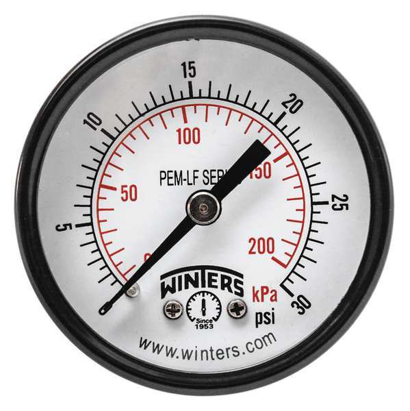 Winters Pressure Gauge, 0 to 30 psi, 1/4 in MNPT, Steel, Black PEM1403LF