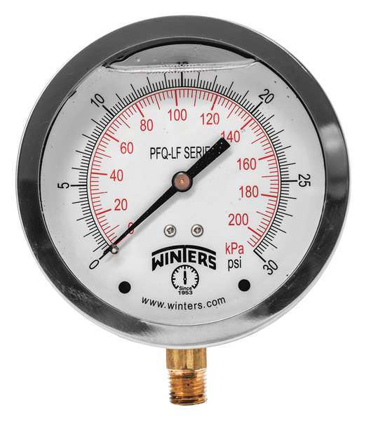 Winters Pressure Gauge, 0 to 30 psi, 1/4 in MNPT, Stainless Steel, Silver PFQ709LF