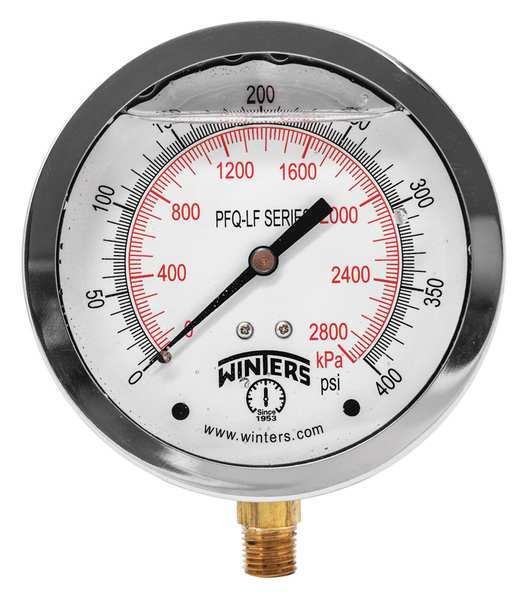 Winters Pressure Gauge, 0 to 400 psi, 1/4 in MNPT, Stainless Steel, Silver PFQ715LF