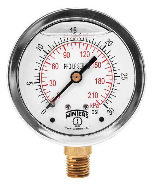 Winters Pressure Gauge, 0 to 30 psi, 1/4 in MNPT, Stainless Steel, Silver PFQ802LF