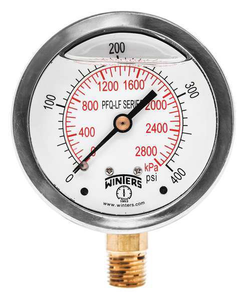 Winters Pressure Gauge, 0 to 400 psi, 1/4 in MNPT, Stainless Steel, Silver PFQ817LF