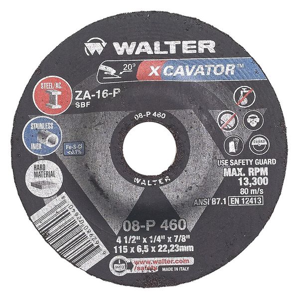 Walter Surface Technologies Depressed Center Grinding Wheel, Type 27, 0.25 in Thick, Zirconia Alumina 08P500