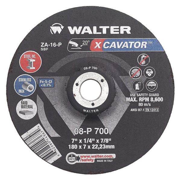 Walter Surface Technologies Depressed Center Grinding Wheel, Type 27, 0.25 in Thick, Zirconia Alumina 08P600