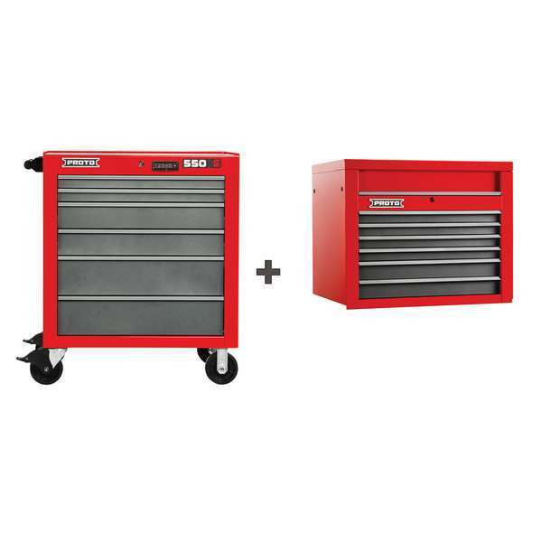Proto 550S Series Rolling Cabinet, 12 Drawer, Red/Gray, Steel, 34 in W x 25-1/4 in D x 68 in H J553441-6SG/J553427-6SG