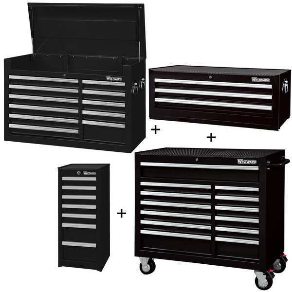 Westward WESTWARD Rolling Cabinet Kit, 34 Drawer, Black, Steel, 57-1/2 in W x 19 in D x 82 in H 361LP4
