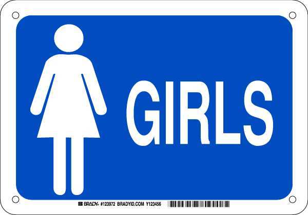 Brady Restroom Sign, Eng, Plastic, 7 X10, Wht/Blue, Legend: Girls, 123972 123972