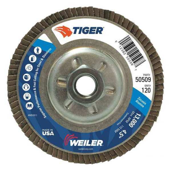 Weiler 4-1/2" Disc Abrasive Flap Disc Conical Almnm Bkng 120Z 5/8"-11 UNC Nut 50509