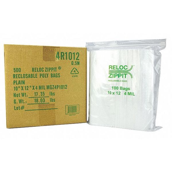 Reloc Zippit Reclosable Poly Bag 4-MIL, 10"x 12", Clear 4R1012