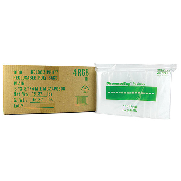 Reloc Zippit Reclosable Poly Bag 4-MIL, 6"x 8", Clear 4R68