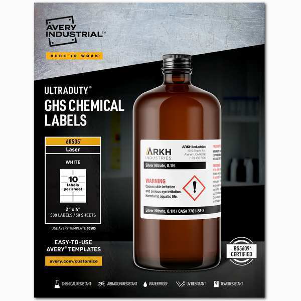 Avery 2" x 4" GHS Chemical Labels for Laser Printers, 500 labels/50-sheets 7278260505