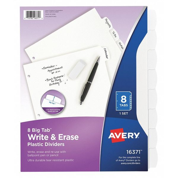 Avery Avery® Big Tab™ Write & Erase Durable Plastic Dividers 16371, 8 White Tabs, 1 Set 7278216371