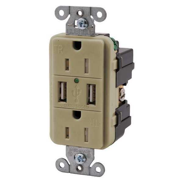Hubbell Wiring Device-Kellems USB Charger Receptacle, 15 Amps, 125V AC, Flush Mount, Decorator Duplex Outlet, 5-15R, Ivory USB15X2I