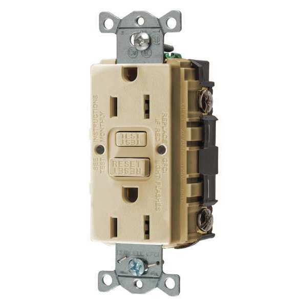 Hubbell GFCI Receptacle, 15A, 125VAC, 5-15R, Ivory GFR15I