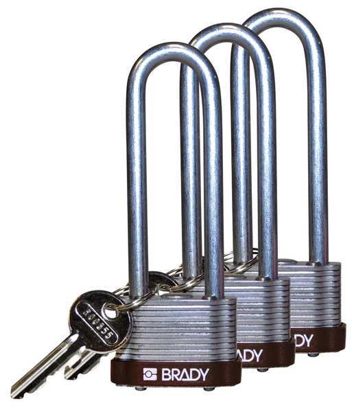 Brady Keyed Padlock, Extended, Rectangular Steel Body, Hardened Steel Shackle, 3/4 in W, 3 PK 123258