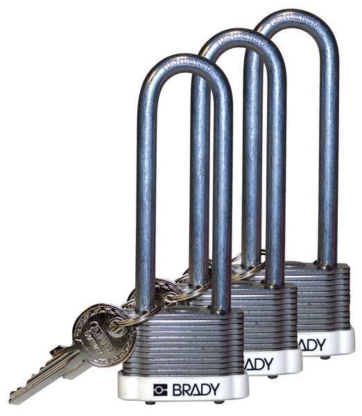 Brady Keyed Padlock, Extended, Rectangular Steel Body, Hardened Steel Shackle, 3/4 in W, 3 PK 123256