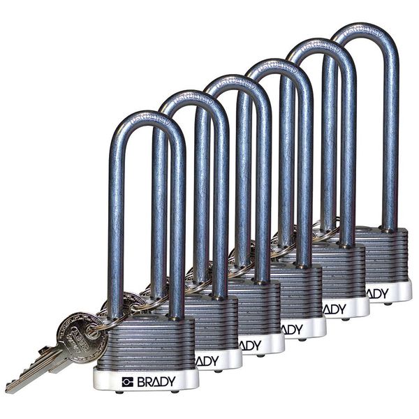 Brady Keyed Padlock, Extended, Rectangular Steel Body, Hardened Steel Shackle, 3/4 in W, 6 PK 123264