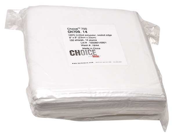 Berkshire Dry Wipe, White, Pack, Polyester, 150 Wipes, 9 in x 9 in CH709.14
