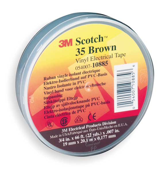 3M Vinyl Electrical Tape, 35, Scotch, 3/4 in W x 66 ft L, 7 mil thick, Brown, 1 Pack 10885