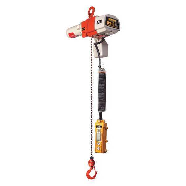 Harrington Electric Chain Hoist, 2,000 lb, 20 ft, Hook Mounted - No Trolley, 208/230/460V, Yellow NER010S-20