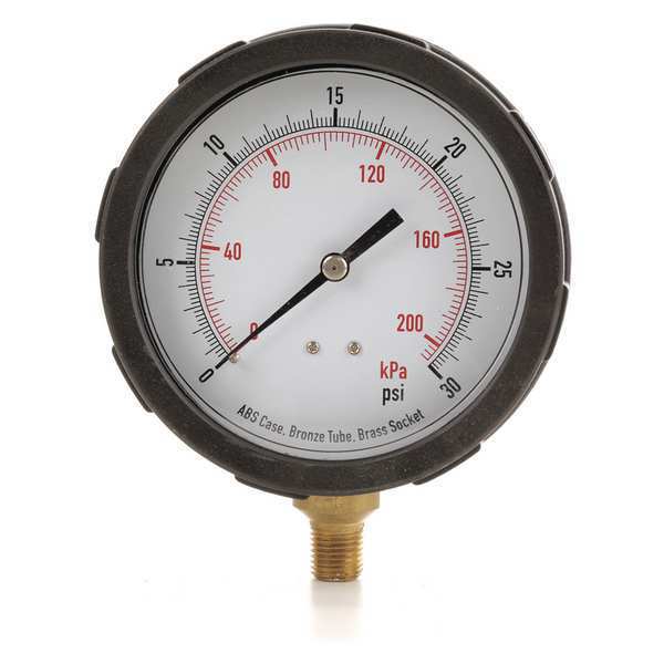 Zoro Select Pressure Gauge, 0 to 30 psi, 1/4 in MNPT, Plastic, Black 4EFF3