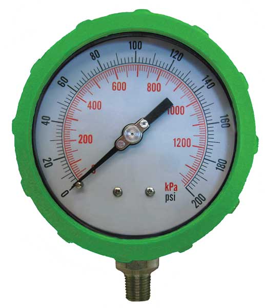 Zoro Select Pressure Gauge, 0 to 200 psi, 1/4 in MNPT, Plastic, Green 4EFH5