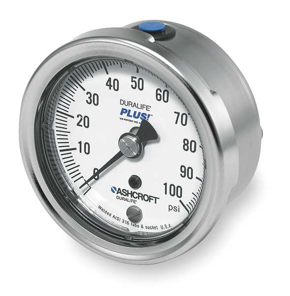 Ashcroft Pressure Gauge, 0 to 100 psi, 1/4 in MNPT, Stainless Steel, Silver 251009SW02BXLL100