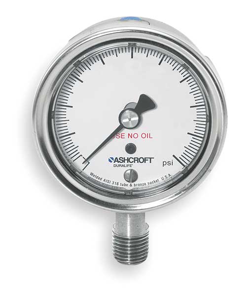 Ashcroft Pressure Gauge, 0 to 1000 psi, 1/4 in MNPT, Stainless Steel, Silver 251009SW02LX6B1000