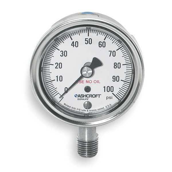 Ashcroft Pressure Gauge, 0 to 100 psi, 1/4 in MNPT, Stainless Steel, Silver 251009SW02LX6B100