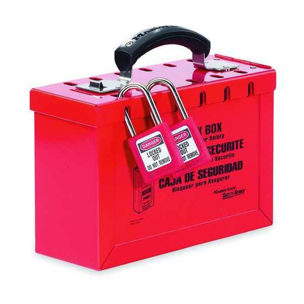 Master Lock Lockout Tagout Portable Group Lock Box, Steel, Hinged, 12 Padlocks, 6 in x 9.25 in x 3.75 in, Red 498A