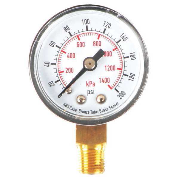 Zoro Select Pressure Gauge, 0 to 200 psi, 1/8 in MNPT, Plastic, Black 4FLR4