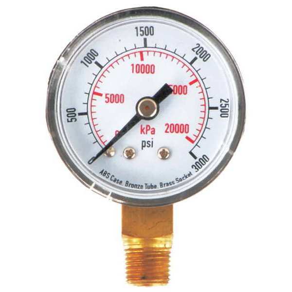 Zoro Select Pressure Gauge, 0 to 3000 psi, 1/8 in MNPT, Plastic, Black 4FLT1