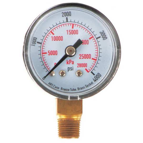 Zoro Select Pressure Gauge, 0 to 4000 psi, 1/8 in MNPT, Plastic, Black 4FLT2
