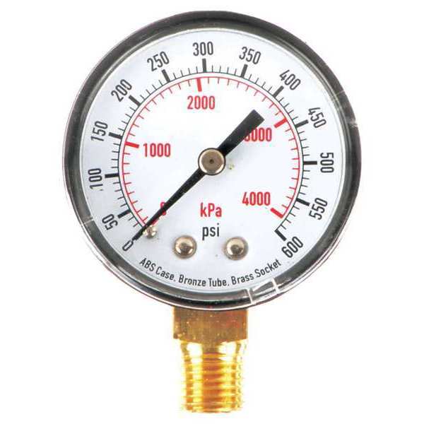 Zoro Select Pressure Gauge, 0 to 600 psi, 1/4 in MNPT, Plastic, Black 4FLU6