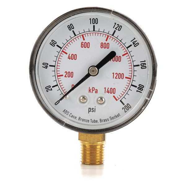 Zoro Select Pressure Gauge, 0 to 200 psi, 1/4 in MNPT, Plastic, Black 4FLW2