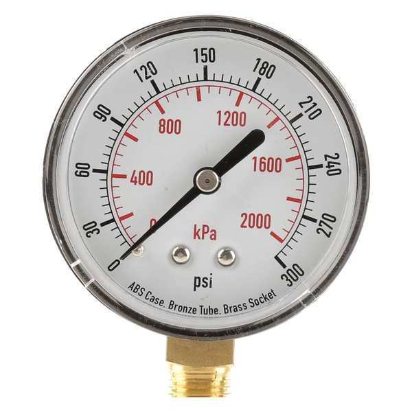 Zoro Select Pressure Gauge, 0 to 300 psi, 1/4 in MNPT, Plastic, Black 4FLW3