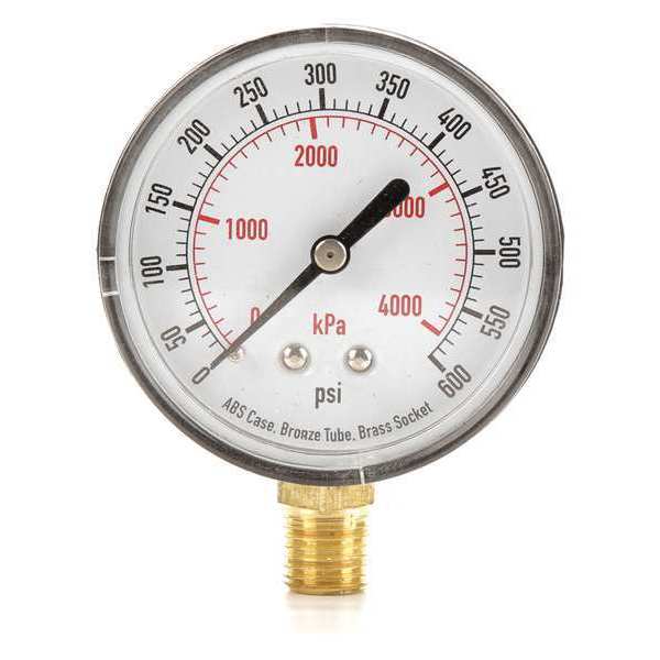 Zoro Select Pressure Gauge, 0 to 600 psi, 1/4 in MNPT, Plastic, Black 4FLW5