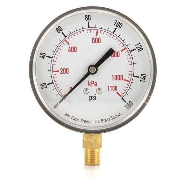 Zoro Select Pressure Gauge, 0 to 160 psi, 1/4 in MNPT, Plastic, Black 4FLX9