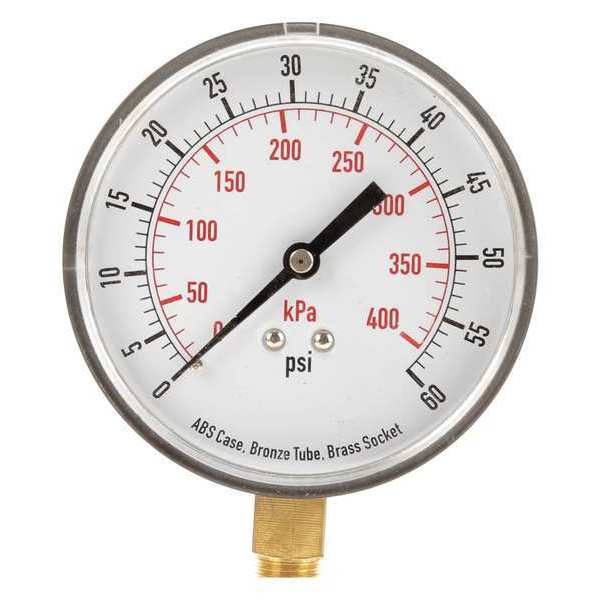 Zoro Select Pressure Gauge, 0 to 60 psi, 1/4 in MNPT, Plastic, Black 4FLX7