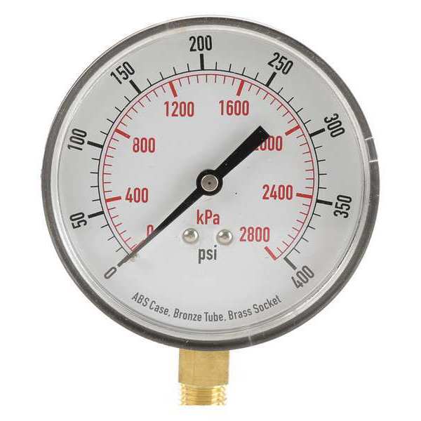 Zoro Select Pressure Gauge, 0 to 400 psi, 1/4 in MNPT, Plastic, Black 4FLY3