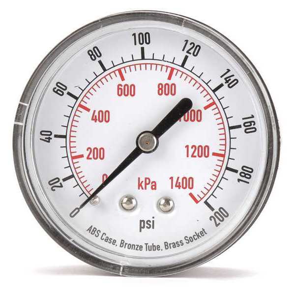 Zoro Select Pressure Gauge, 0 to 200 psi, 1/4 in MNPT, Plastic, Black 4FME7