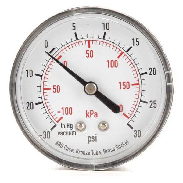 Zoro Select Compound Gauge, -30 to 0 to 30 in Hg/psi, 1/4 in MNPT, Plastic, Black 4FME1