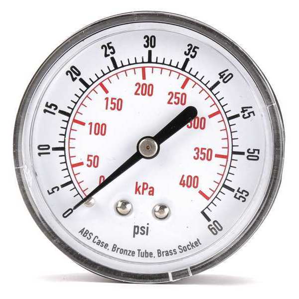 Zoro Select Pressure Gauge, 0 to 60 psi, 1/4 in MNPT, Plastic, Black 4FME4